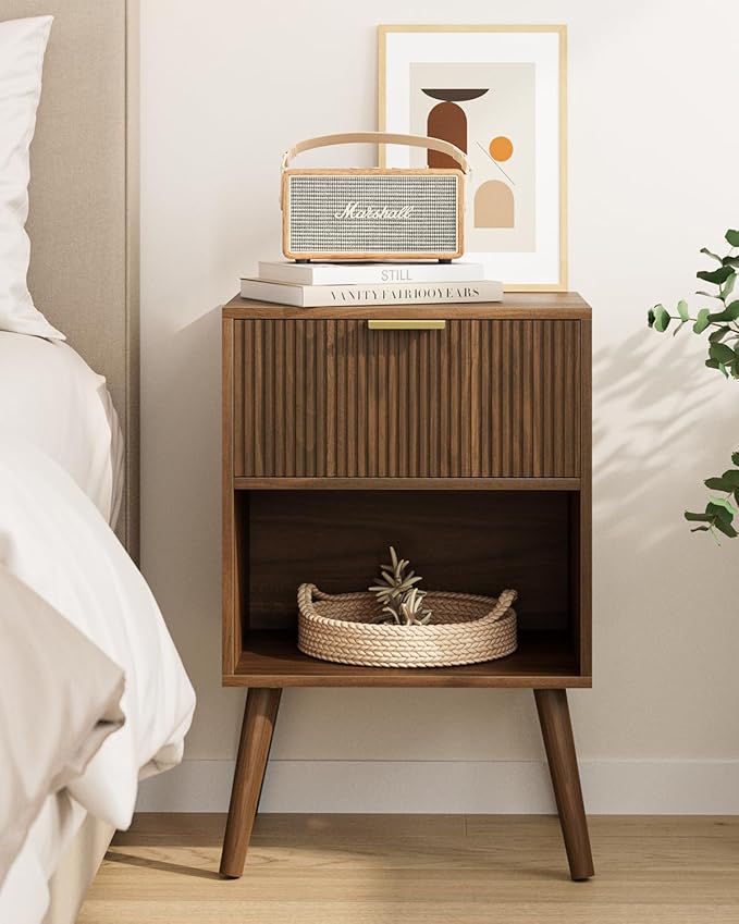 Nightstand, Small Side Table, Bedside Table with Drawer, Modern Night Stand, End Table for Bedroom, Living Room (Walnut Stripe)