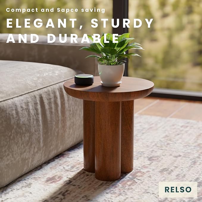 Relso Gaia Round End Table for Living Room and Farmhouse | Solid Mango Wood for Rustic Elegance | Ideal for Side Tables, Nightstands & More | Wood Side Table Round for Bedroom (Walnut)