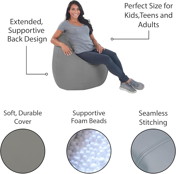 FDP SoftScape Dew Drop Bean Bag Chair with Supportive High-Back Design, For Kids, Teens and Adults, Alternative Seating for Dorms, Schools, Libraries, Daycares or Home - Gray/Light Gray