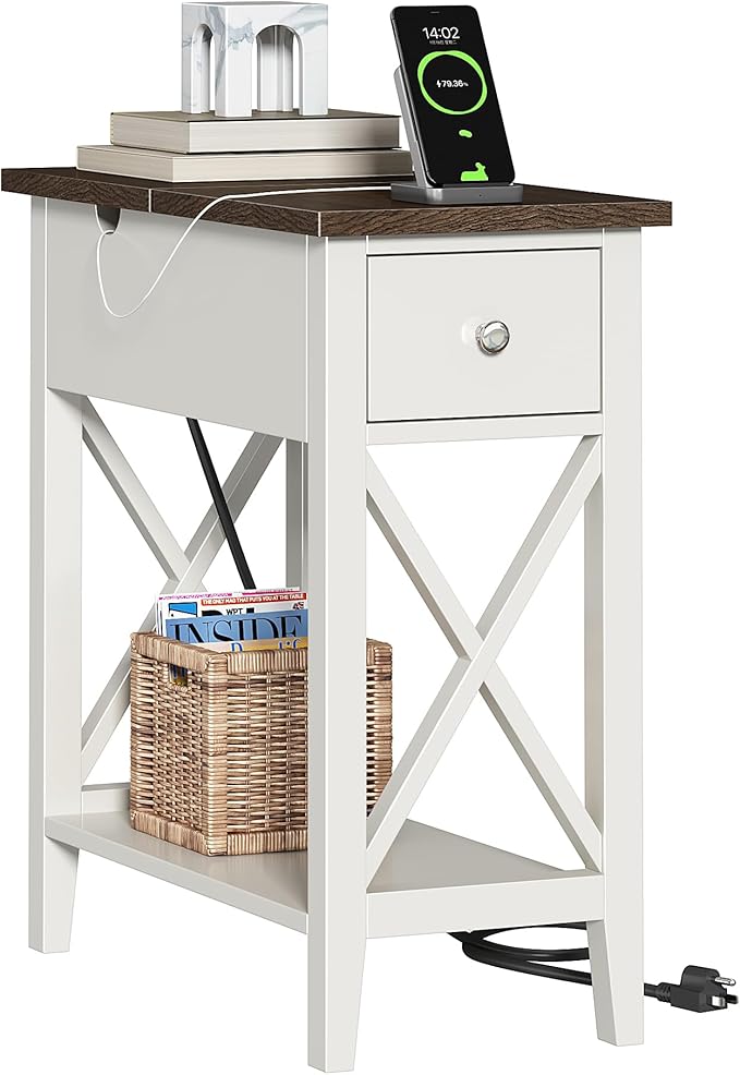 ChooChoo Farmhouse End Table with Charging Station, Accent Small Side Table Nightstand for Living Room, Bedroom, and Small Spaces - Soft White