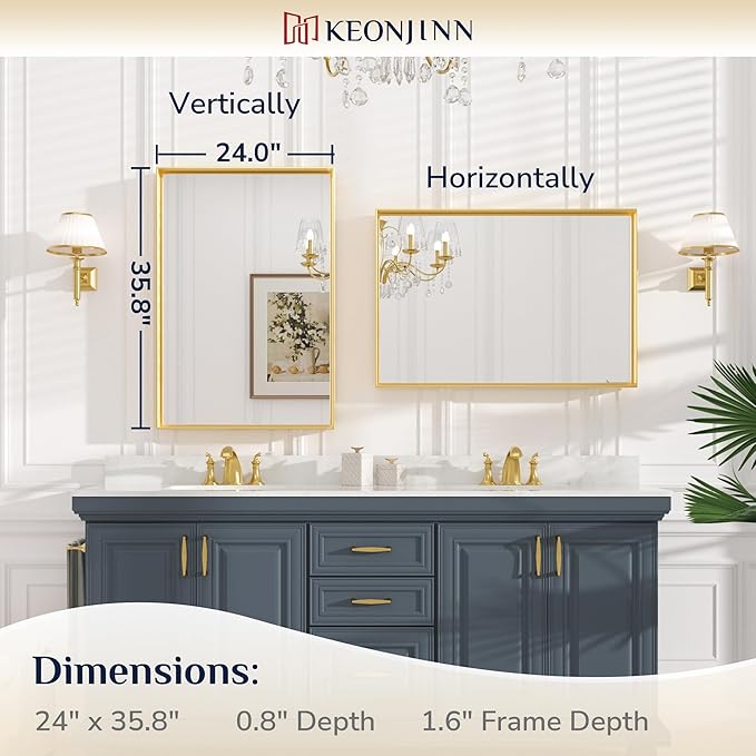 Keonjinn 24 x 36 Inch Brushed Gold Bathroom Mirror Gold Wall Mounted Vanity Mirror Metal Framed Rectangular Mirror for Bathroom Gold Rectangle Mirror with Aluminum Alloy Frame(Horizontal/Vertical)