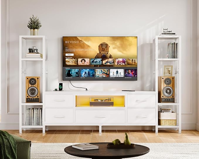 Casaottima 71" TV Stands for 43, 50, 55 Inch TV Entertainment Center with LED Lights and Power Outlets, TV Stand for Living Room with 5 Fabric Drawers & Shelf, TV Console Cabinet for Bedroom, White