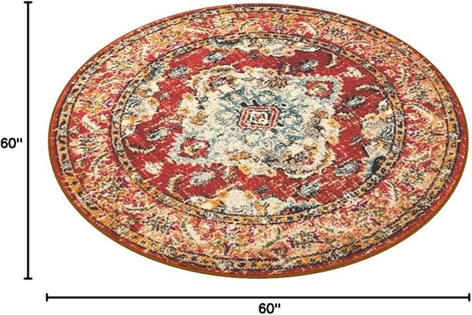 SAFAVIEH Monaco Collection Area Rug - 5' Round, Orange & Light Blue, Boho Chic Medallion Distressed Design, Non-Shedding & Easy Care, Ideal for High Traffic Areas in Living Room, Bedroom (MNC243H)