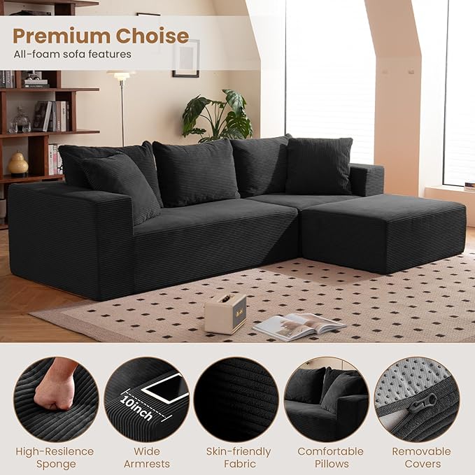 Modular Sectional Sofa, 108" L-Shaped Boneless Couch with Deep Seat, Corduroy Cloud Couch for Living Room, Bedroom, No Assembly Required, Ship in a Box, Black
