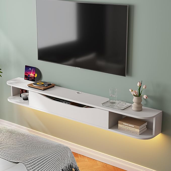 Floating TV Stand,78'' Wall Mounted TV Cabinet,Floating TV Console,Under TV Shelf with 1 Door and 2 Cabinets for TVs up to 78''(White)