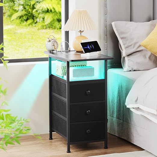 AMHANCIBLE Narrow End Table Living Room with Charging Station, Slim LED Nightstand with Fabric Drawers, Skinny Side Table for Bedroom, Small Spaces, Couch, Black, HETN013LBK-1