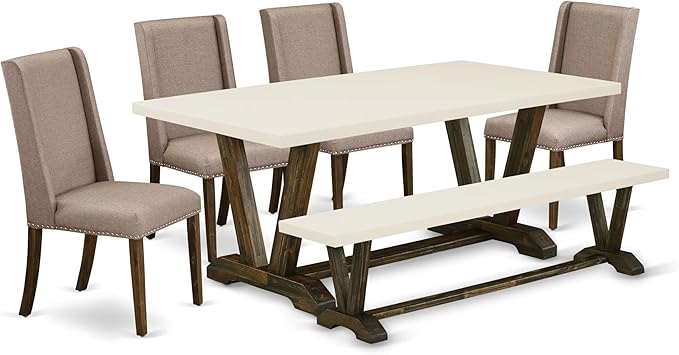 East West Furniture V727FL716-6 6 Piece Dining Table Set Contains a Rectangle Dining Room Table with V-Legs and 4 Dark Khaki Linen Fabric Parson Chairs with a Bench, 40x72 Inch, Multi-Color
