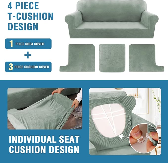H.VERSAILTEX Sofa Cover 4 Piece T Cushion Sofa Slipcovers Thick Velvet Couch Cover Stretch T Cushion Sofa Covers for 3 Cushion Couch with 3 Individual T Cushion Covers Washable, Sea Grass