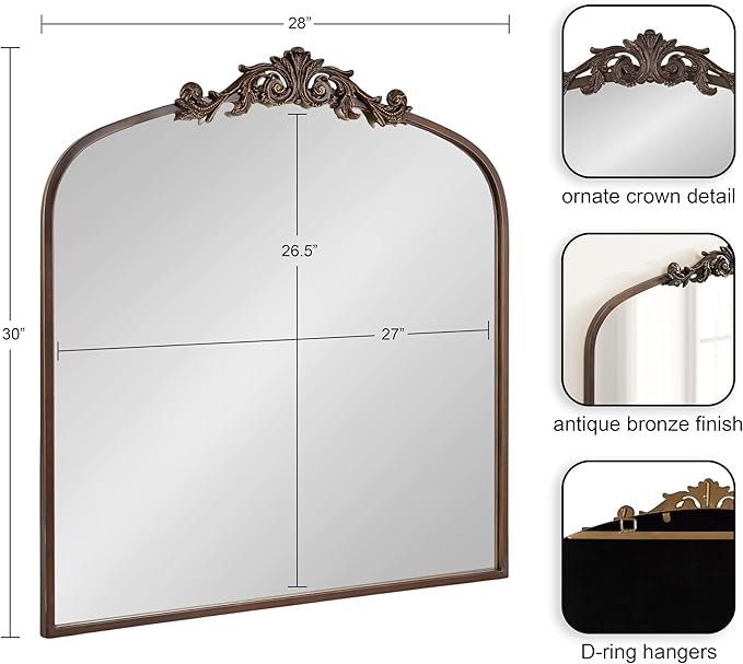 Kate and Laurel Arendahl Ornate Traditional Square Arched Mirror; 28 x 30; Bronze; Decorative Baroque Style Vintage Arch Mirror with Wide Frame and Ornamental Crown