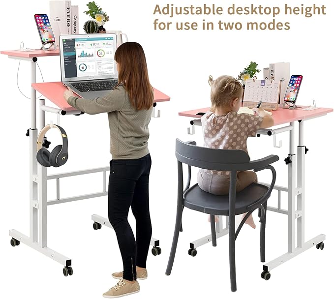 Hadulcet Mobile Standing Desk with Charging Station, Adjustable Standing Computer Desk, Standing Adjustable Laptop Cart with Wheels for Home Office Classroom, Pink