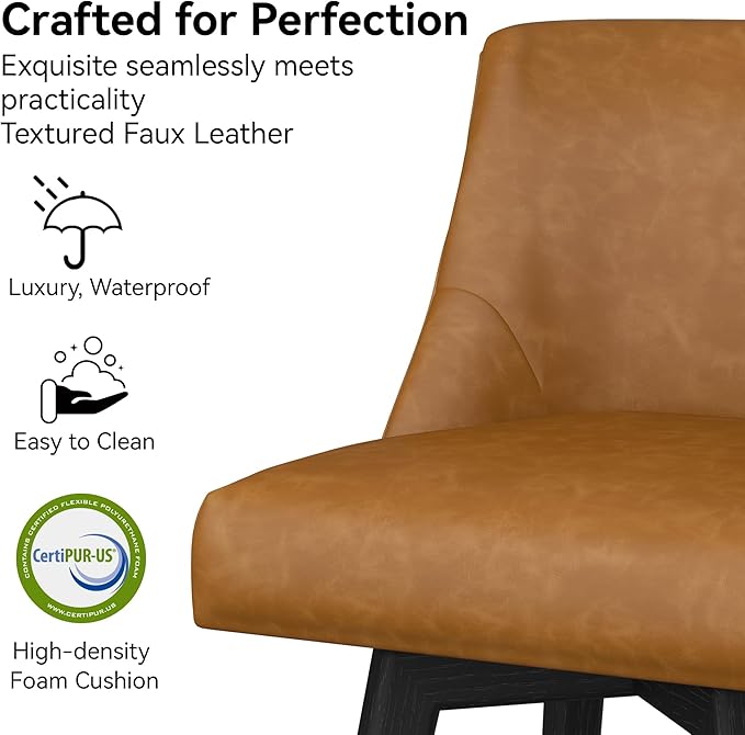 Counter Height Bar Stools Set of 2, Modern Swivel Barstools with Back and Wood Legs, Faux Leather Upholstered Counter Height Stools, 26" H Kitchen Island Stools, Home Bar, Whisky Brown
