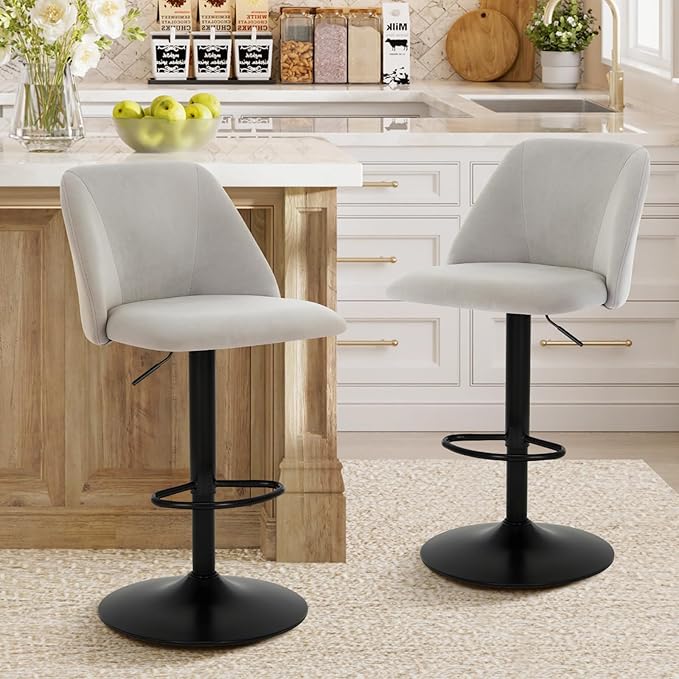 COLAMY Bar Stools Set of 2, Modern Swivel Bar Chairs, Adjustable Upholstered Barstools Counter Height with Full Backrest for Bar, Dining Room, Kitchen Island, Grey