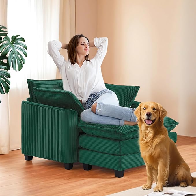 Furniliving Oversized Accent Chair with Ottoman, Luxury Corduroy Single Sofa, Upholstered Deep Seat Chaise Lounge with Pillows for Living Room, Bedroom, Apartment, Green
