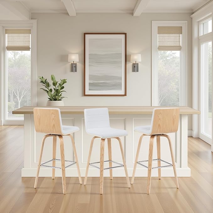 Armen Living Vienna Modern Swivel 30" Bar Height Barstool with White Faux Leather and Patterned Oak Wood Finish