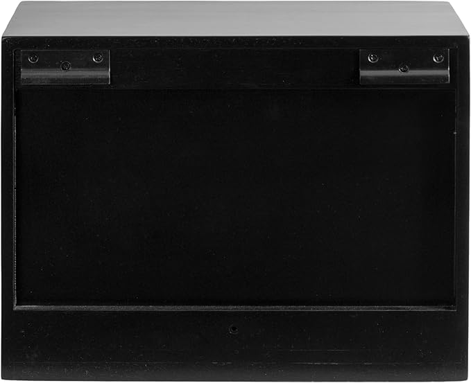 Kate and Laurel Mezzeta Modern Floating Shelf Side Table with Storage Cubby; 16 x 10 x 12; Black; Decorative Slatted Wood Floating Nightstand with Pull Down Door for Use as Bathroom Storage