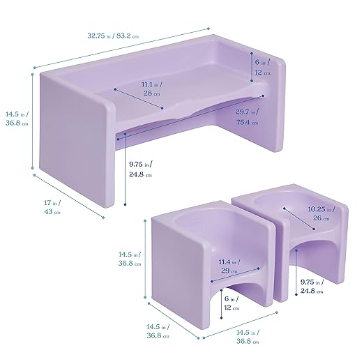 ECR4Kids Tri-Me Table and Cube Chair Set, Multipurpose Furniture, Light Purple, 3-Piece
