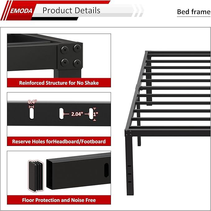 EMODA 20 Inch Tall Full Size Bed Frame with Large Storage Space, Easy Assembly Heavy Duty Metal Platform No Box Spring Needed, Noise Free, Black