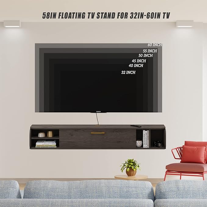 Floating TV Unit, 58'' Wall Mounted TV Cabinet, Floating Shelves with 4 Cabinets, Wooden Entertainment Media Console Center Large Storage TV Bench for Living Room & Office (58IN, Dark Grey)