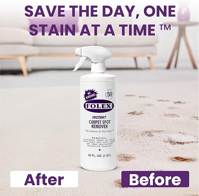 FOLEX Instant Carpet Spot Remover 32 oz – Powerful Stain Remover for Carpets, Upholstery & Rugs – Eliminates Pet Stains, Grease, Red Wine, Food, Makeup & More – With Reusable Cleaning Cloth – 3 Pack