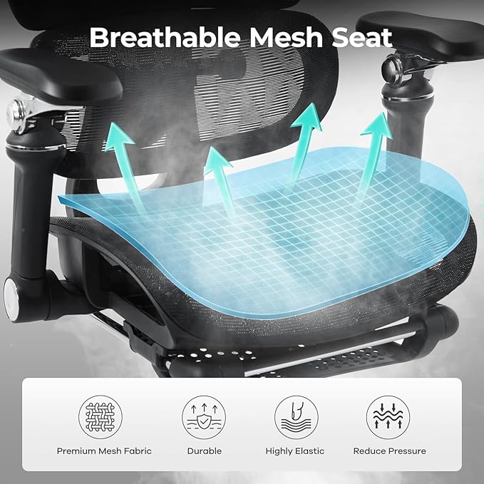 Ergonomic Office Chair with 9D Arms,Adjustable Seat Depth,3D Lumbar Support,135° Recline,3D Headrest & Footrest,Mesh Computer Desk Chair - Ultimate Comfort for Home & Executive Office Black