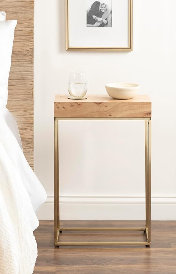 Kate and Laurel Karlsen Modern Wood and Metal Burlwood Narrow Side Table; 16 x 24 x 8; Burlwood and Gold; Slim End Table for Use as Skinny Bedroom Nightstand or Entryway Table Option