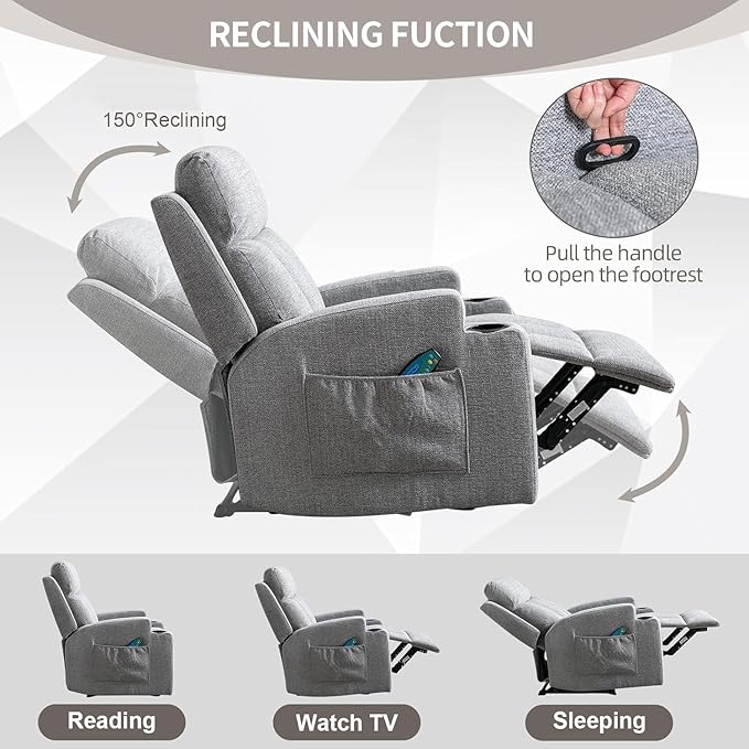 Phoenix Home Manual Recliner Chair Set of 2 with Massage and Heat, Ergonomic Overstuffed Breathable Fabric Recliner Single Sofa Seat with 2 Cup Holders, Living Room Lounge Recliners on Clearance, Gray
