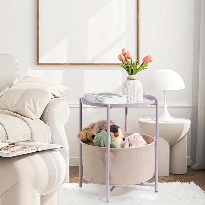 danpinera Round Side Table with Fabric Storage Basket, Metal Side Table Small Bedside Nightstand with Removable Tray Top for Living Room, Bedroom, Nursery, Laundry, Light Violet