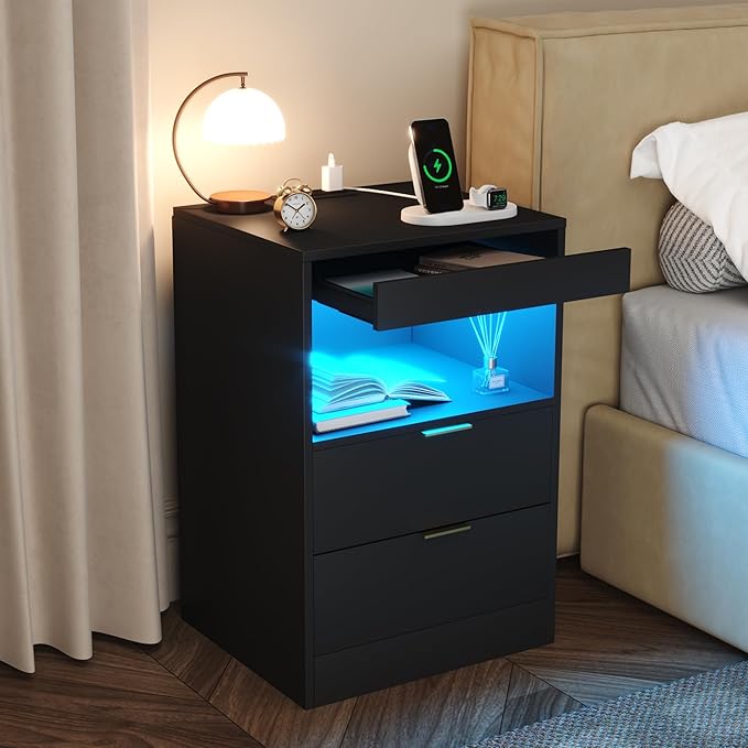 Gadroad LED Nightstand with Charging Station, Bedside Table with 3 Drawers and LED Lights, End Table Sofa Couch Side Table with Pull-Out Shelf, Black