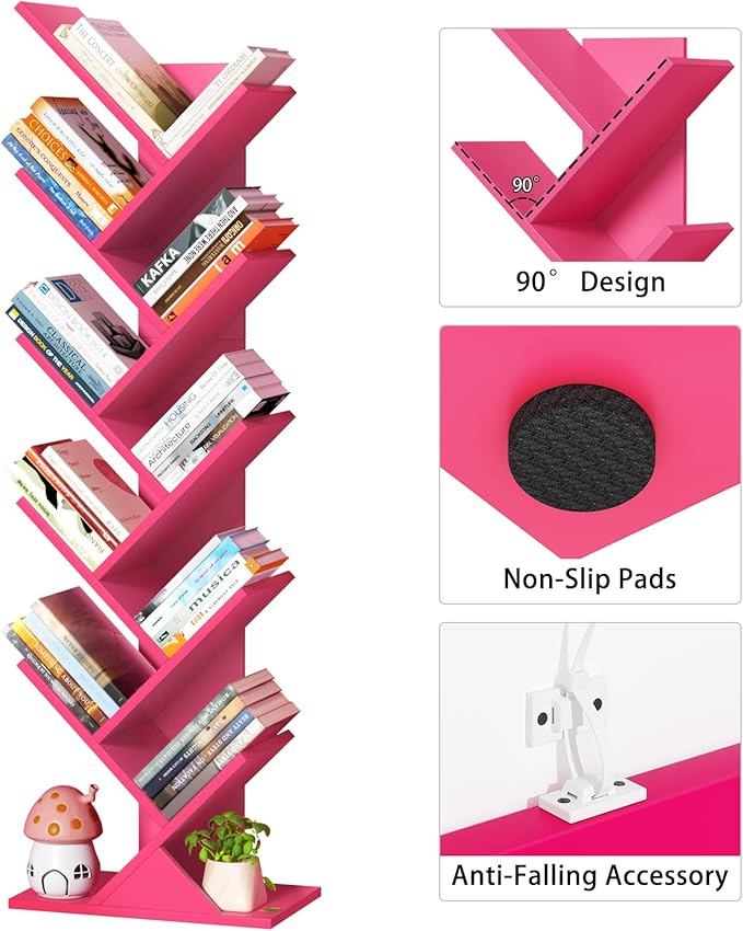 10 Tier Tree Book Shelf, Floor Standing Wood Bookshelf for Narrow Space, Storage Organizer Bookshelves for Books/CDs/Magazine, Bookcase with Shelves for Home Office, Living Room - Pink