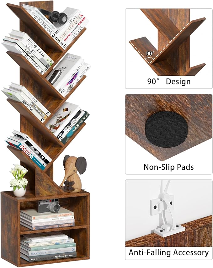 10 Tier Tree Bookshelf,Floor Standing Wood Tall Bookcase for Narrow Space, Storage Organizer Bookshelves for Books, Book Case for CDs/Movies/Books,Home Office,Living Room, Bedroom