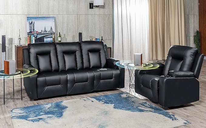 COMHOMA Living Room Furniture Set,Bonded Leather Sofa with Massage,Cup Holder Recliner Chair,3+1,Black