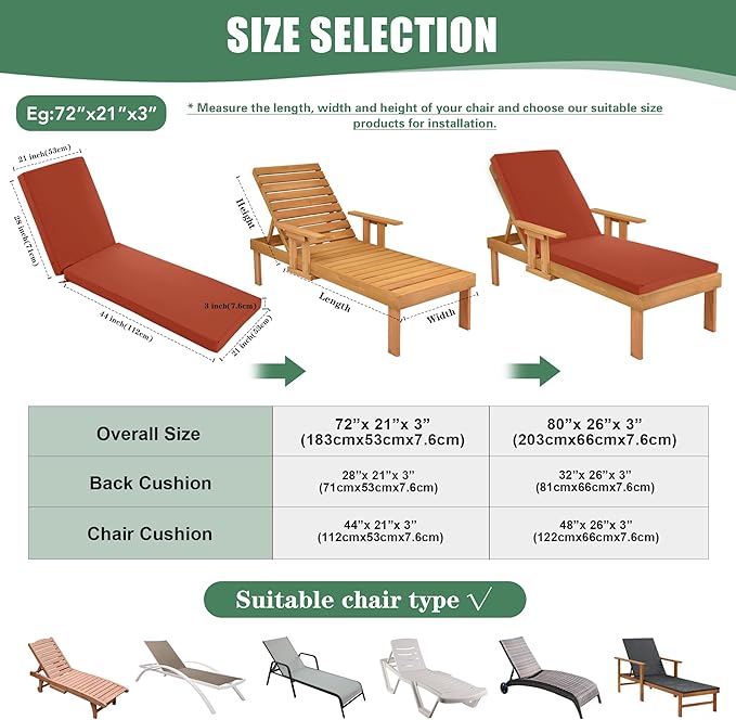 Chaise Lounge Cushions Outdoor Set of 2 - Waterproof and Fade Resistant Sun Lounger Replacement Cushions - Patio Lounger Pads with Removable Cover for Pool, Deck, 80 x 26 x 3 Inch, Rust