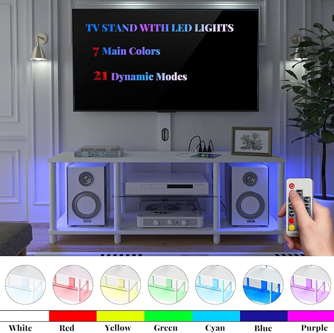 TV Stand with Mount and Led Light，White TV Stand with Power Outlets for 32/40/43/50/55/60/65/70 Inch TV,Entertainment Center with Open Storage Shelf for Bedroom/Living Room/Office