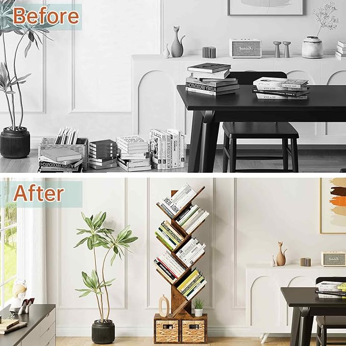 Vagusicc 6 Tier Tree Bookshelf, Small Bookcase with Storage Cabinet, Modern Tall Narrow Bookshelves Organizer, Floor Standing Book Shelf for Bedroom/Living Room/Home Office/Corner, Rustic Brown