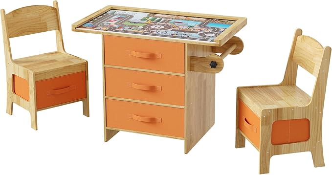 Pine Wood Kids Table and Chair Set 3 in 1 Wooden Toddler Table with Storage, Children's Drawing Reading Desk, with Drawers & Storage Baskets, Natural