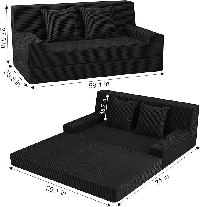 MeMoreCool Boneless Folding Sofa Bed Queen, Corduroy Convertible Sleeper Chair, Foldable Foam Mattress Chair, Comfy Fold‑Out Futon Couch Bed, Large Floor Sofa Couch for Living Room Guest