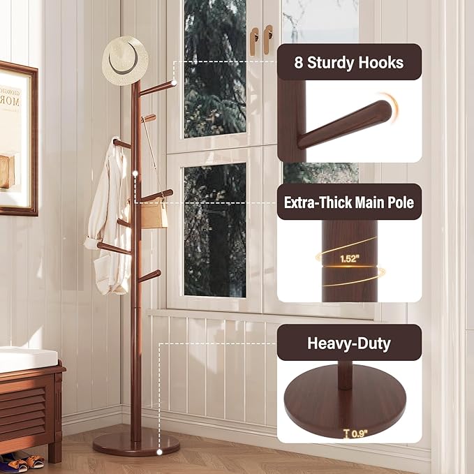 CozyDH Coat Rack Freestanding Solid Wood Coat Rack Stand, Coat Tree Freestanding with 8 Hooks Creative Tree Branch-look for Entryway, Hallway, Bedroom (Walnut)