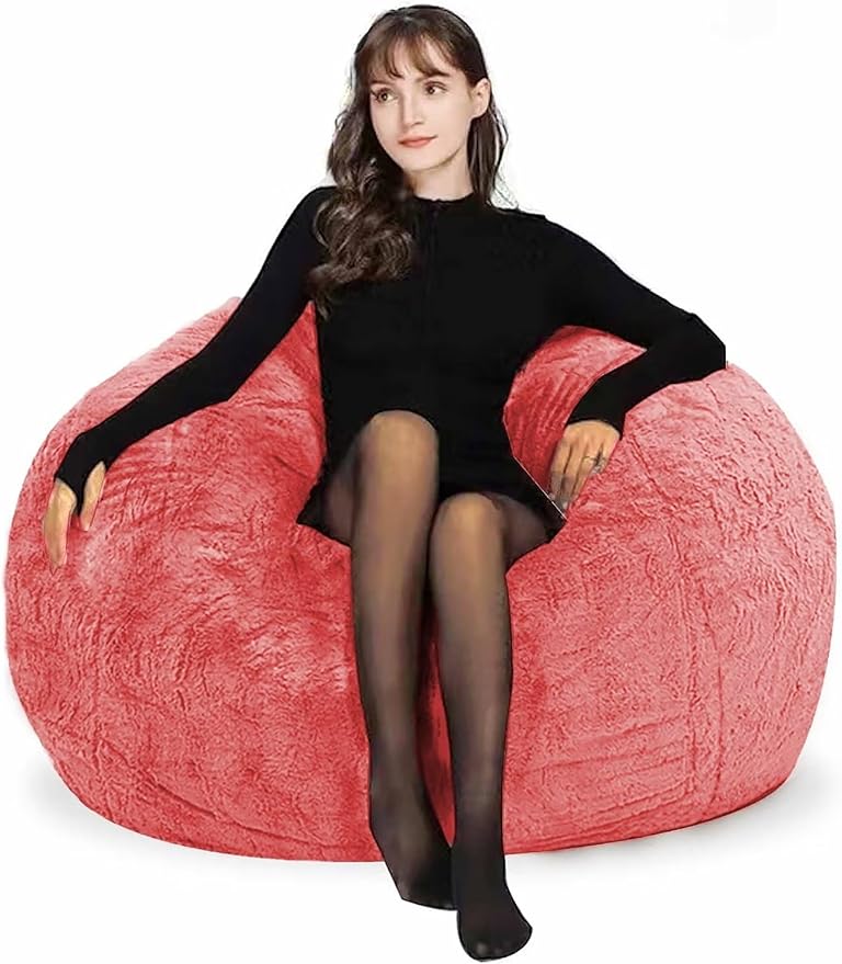 Bean Bag Chairs for Kids Comfy Fluffy Big Joe Bean Bag Chair Cover Without Filler Round Sofa Chairs for Bedroom Living Room Decor, 5FT, Rose Red
