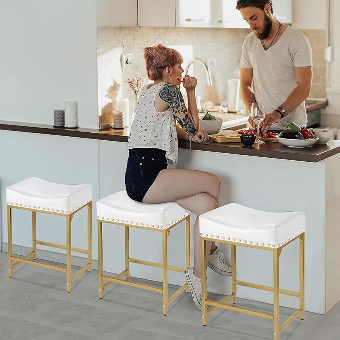 Bar Stools Set of 4 Counter Height, 24" Modern Off White & Gold Counter Stools Set of 4, Stools for Kitchen Counter, Modern Barstools Saddle Stool Backless Island(Off White+Gold)