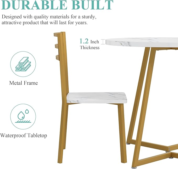 VECELO Small Round Dining Table Set for 2, Wood Tabletop with Strong Metal Frame, Modern Dinette with Chairs for Kitchen, Breakfast Nook Living Room, White & Gold