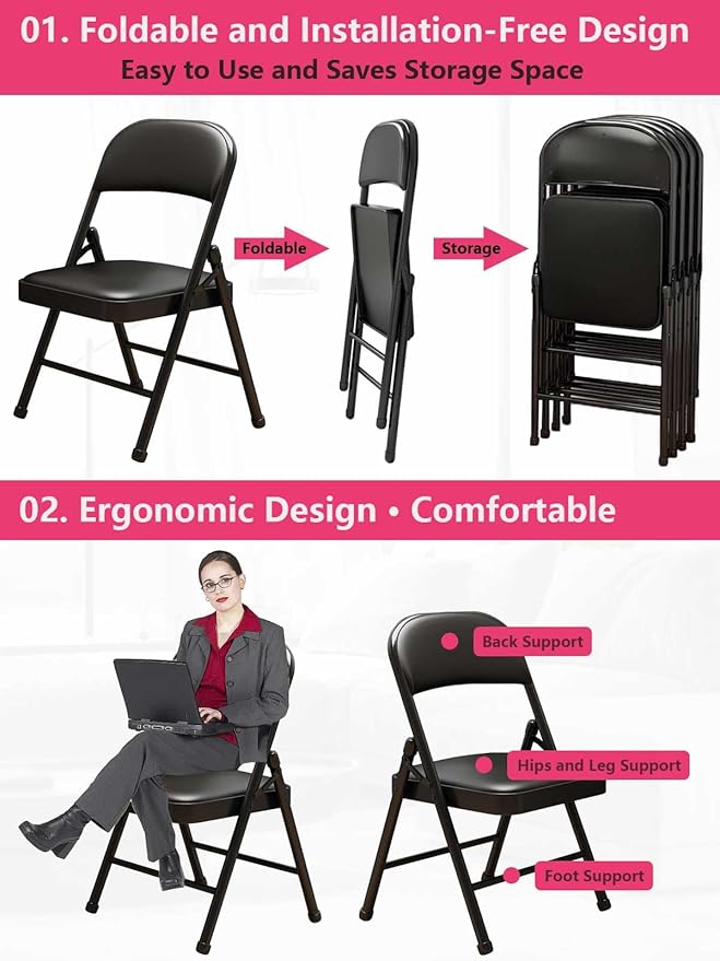 Black Padded Folding Chairs with Cushion 4 Pack, Heavy Duty Steel Metal Frame Foldable Chair for Indoor and Outdoor, Portable Stackable Commercial Seat for Bedroom Patio Party Event