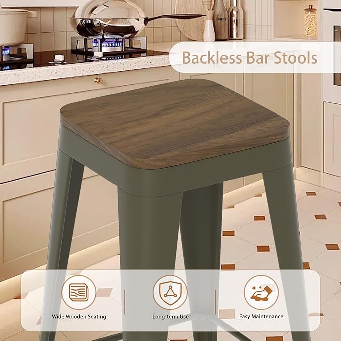 30 inch Backless Bar Stools Set of 4, Indoor Metal Bar Stools with Wood Seat, Industrial Counter Height Barstools for Kitchen Island, Rusty