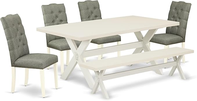 East West Furniture X027EL207-6 6 Piece Dining Set Contains a Rectangle Dining Room Table with X-Legs and 4 Gray Linen Fabric Parson Chairs with a Bench, 40x72 Inch, Multi-Color