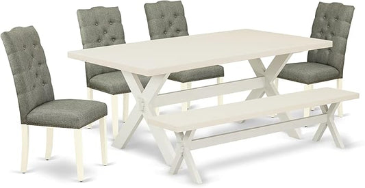 East West Furniture X027EL207-6 6 Piece Dining Set Contains a Rectangle Dining Room Table with X-Legs and 4 Gray Linen Fabric Parson Chairs with a Bench, 40x72 Inch, Multi-Color