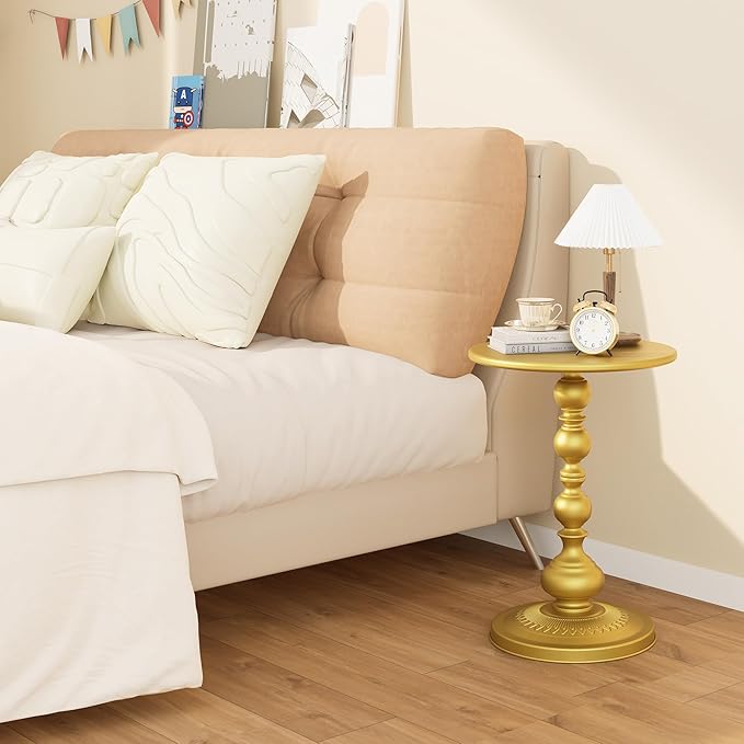Metal Round Side Table, Small Drink Table for Small Spaces, Matte Modern Accent End Tables Coffee Tables, Pedestal Tables for Living Room, Bedroom, Corners, and Office, 21'' Height (Gold)