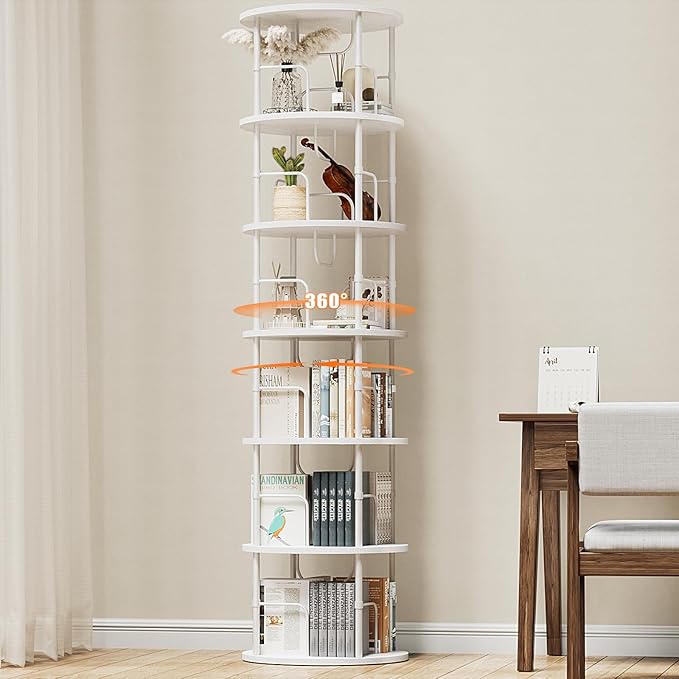 6 Tier Rotating Bookshelf, 360 ° Display Stackable Spinning Bookshelf Tower, Corner Bookshelf Tall Floor Standing Swivel Bookcase Narrow Storage Organizer for Bedroom, Living Room, White
