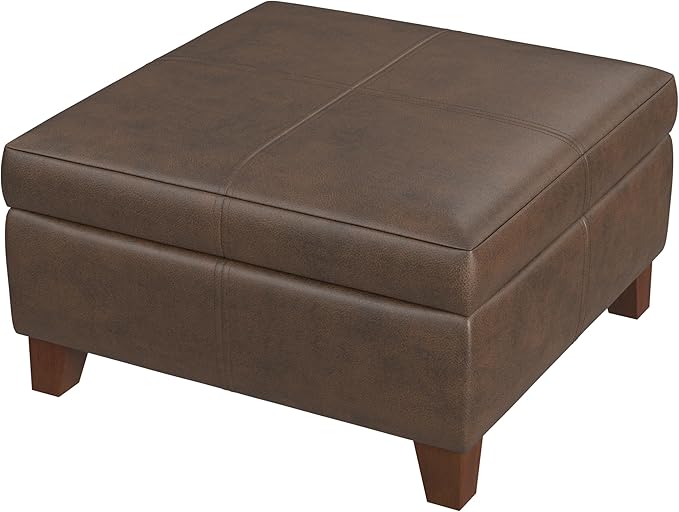 HomePop Home Decor |K2380-E910 | Luxury Large Faux Leather Square Storage Ottoman | Ottoman with Storage for Living Room & Bedroom, Brown Faux Leather