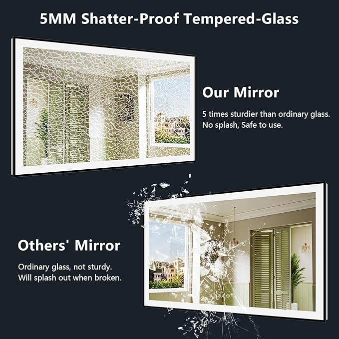 88x38 Inch LED Bathroom Mirror with Lights (Front Lit and Backlit) Black Framed Lighted Vanity Mirror for Bathroom Wall Dimmable Anti-Fog Memory Tempered Glass Horizontal/Vertical