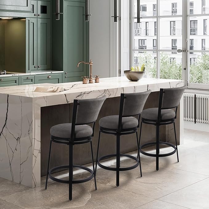 Bar Stools, Modern Counter Height Barstools Set of 2, 25" Faux Leather Round Swivel Bar Stools with Backrest, Upholstered Metal Bar Chairs for Kitchen Island, Kitchen Counter, Pub, Grey