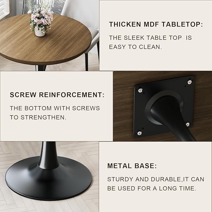 24 inch Small Tulip Table for 2 Person, Walnut Round Dining Table for Kitchen, Leisure Wood Mid Century Modern Table with Metal Pedestal Base for Cafe, Living Room, Bar, Circle Bistro Tables